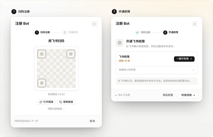 注册 Bot 的两段：先用飞书扫码注册（图里的二维码是占位），再开通飞书权限，然后创建版本并发布。
